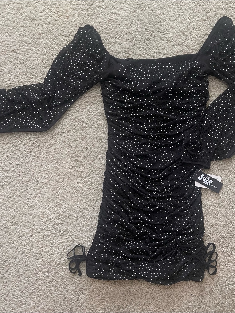 Black Ruched Off-Shoulder Mini Dress with Sparkle Dots size small